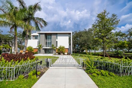 nature inspired grass shaped aluminum railing and driveway gate with modern home and sky backdrop
