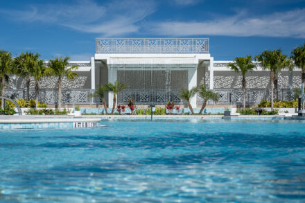 pool with waterfall, palm trees and decorative aluminum railing