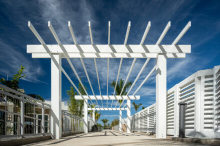 white pergola feature with louver fence on right and aluminum and cable railing to left