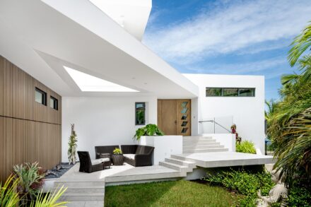 unique modern architectural residential entryway with a James Turrell Skyspace light opening in the roof